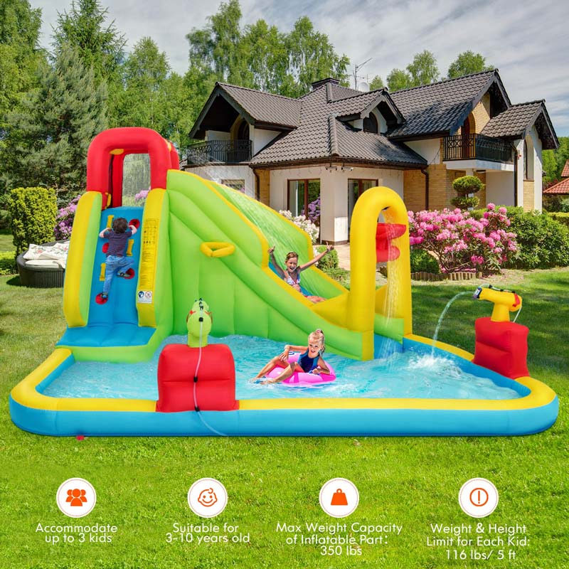 7-in-1 Long Slide Inflatable Bounce House Water Park with Splash Pool, Climbing Wall, Basketball Rim & Water Cannons for Kids Backyard Fun
