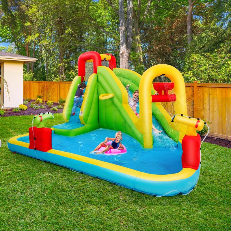 7-in-1 Long Slide Inflatable Bounce House Water Park with Splash Pool, Climbing Wall, Basketball Rim & Water Cannons for Kids Backyard Fun