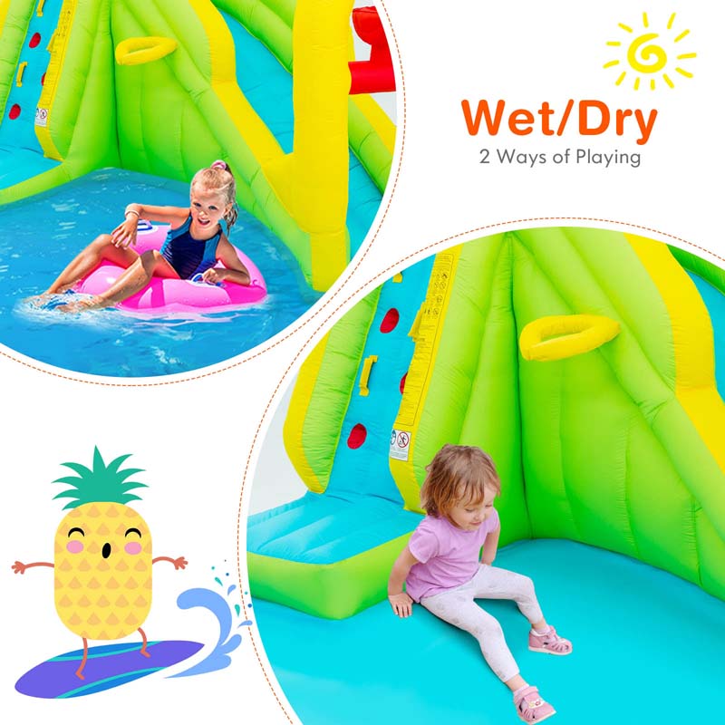 7-in-1 Long Slide Inflatable Bounce House Water Park with Splash Pool, Climbing Wall, Basketball Rim & Water Cannons for Kids Backyard Fun