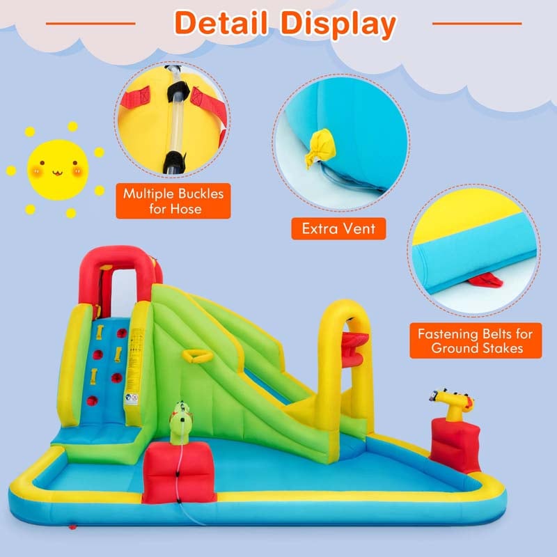 7-in-1 Long Slide Inflatable Bounce House Water Park with Splash Pool, Climbing Wall, Basketball Rim & Water Cannons for Kids Backyard Fun
