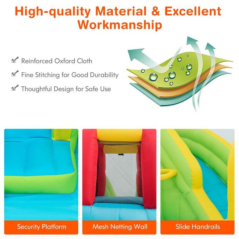 7-in-1 Long Slide Inflatable Bounce House Water Park with Splash Pool, Climbing Wall, Basketball Rim & Water Cannons for Kids Backyard Fun