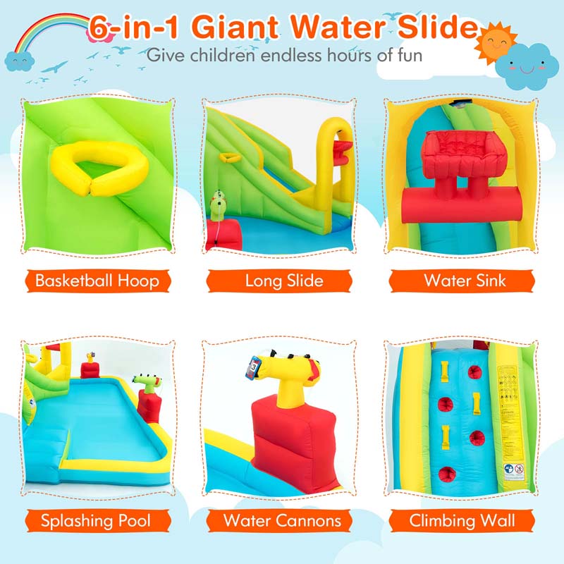 7-in-1 Long Slide Inflatable Bounce House Water Park with Splash Pool, Climbing Wall, Basketball Rim & Water Cannons for Kids Backyard Fun