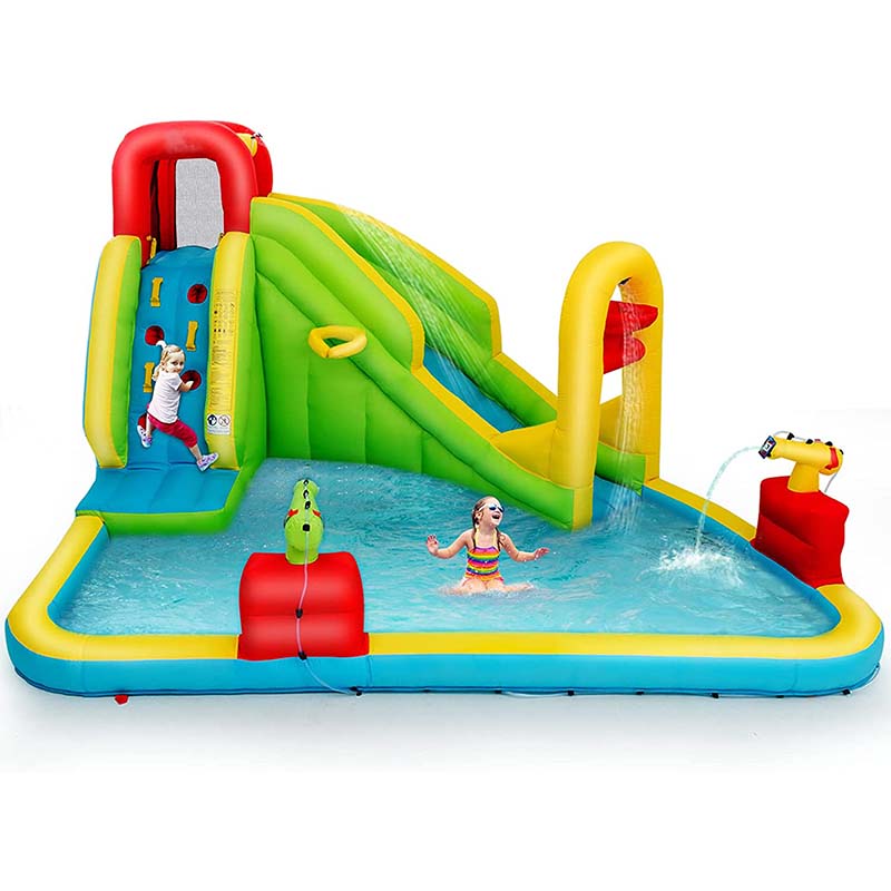 7-in-1 Long Slide Inflatable Bounce House Water Park with Splash Pool, Climbing Wall, Basketball Rim & Water Cannons for Kids Backyard Fun