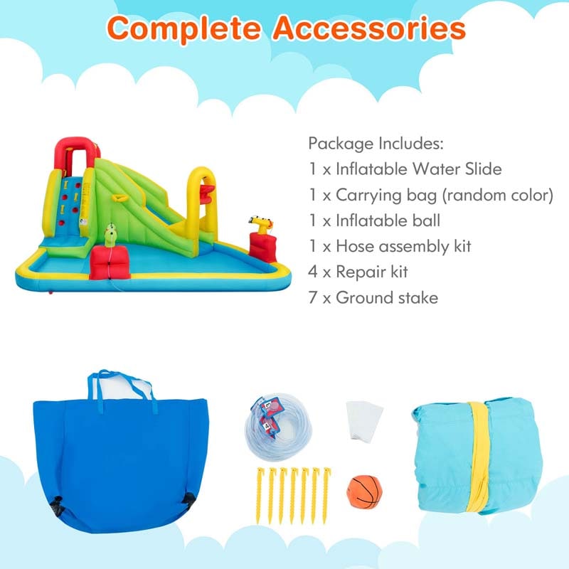 7-in-1 Long Slide Inflatable Bounce House Water Park with Splash Pool, Climbing Wall, Basketball Rim & Water Cannons for Kids Backyard Fun