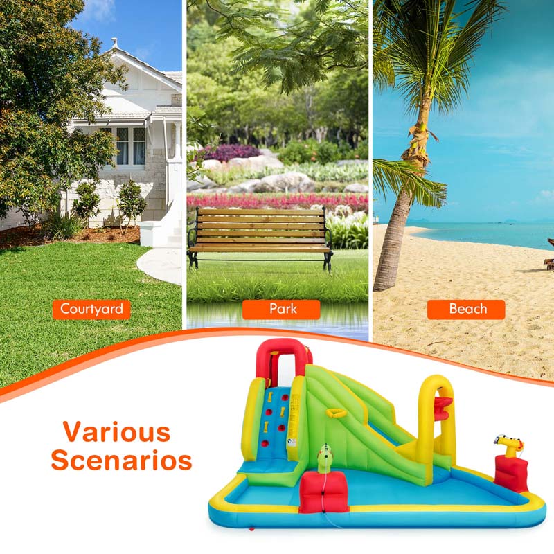 7-in-1 Long Slide Inflatable Bounce House Water Park with Splash Pool, Climbing Wall, Basketball Rim & Water Cannons for Kids Backyard Fun