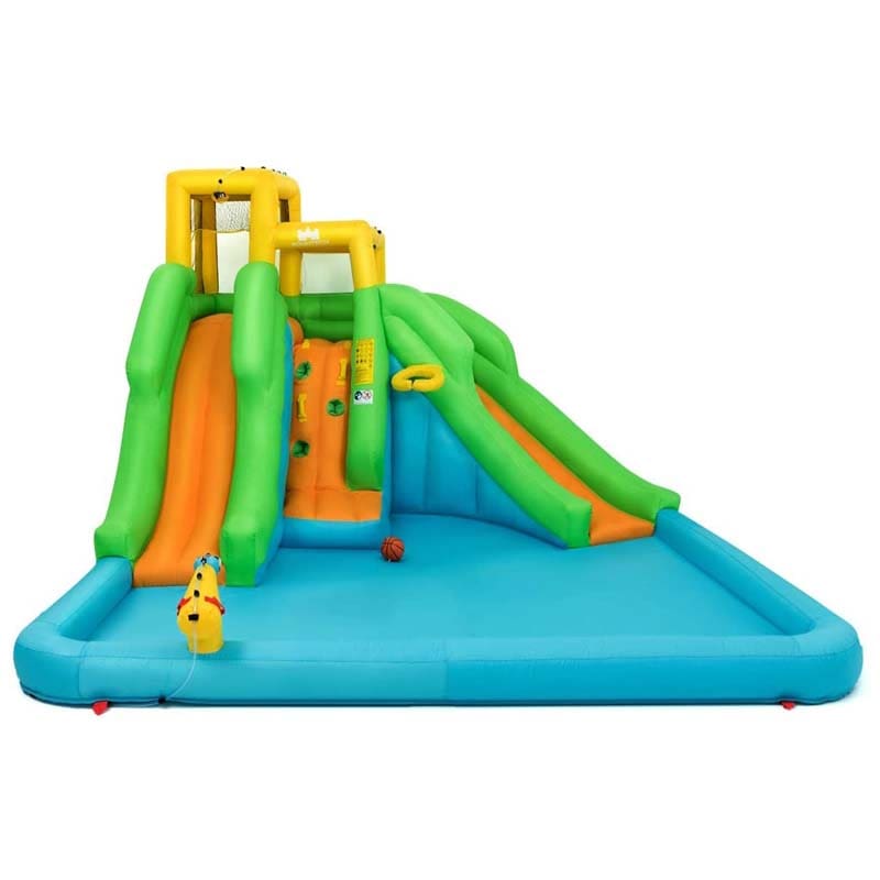 6-in-1 Giant Inflatable Water Slide Bounce House with 2 Slides, Splash Pool, Climbing Wall & Water Cannon, Blow up Water Park for Kids Backyard Fun