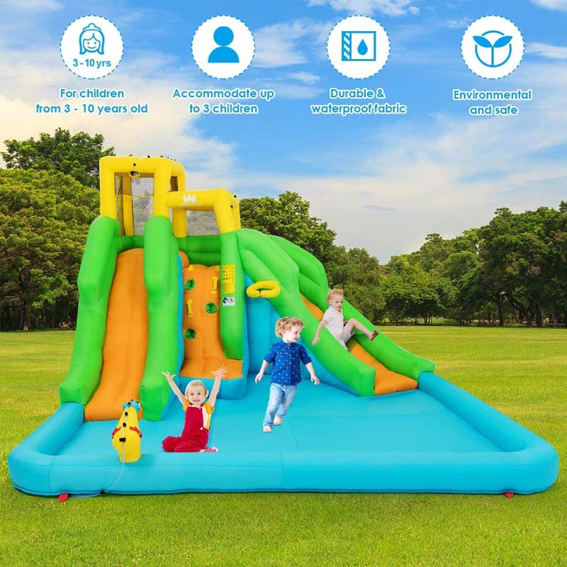6-in-1 Giant Inflatable Water Slide Bounce House with 2 Slides, Splash Pool, Climbing Wall & Water Cannon, Blow up Water Park for Kids Backyard Fun