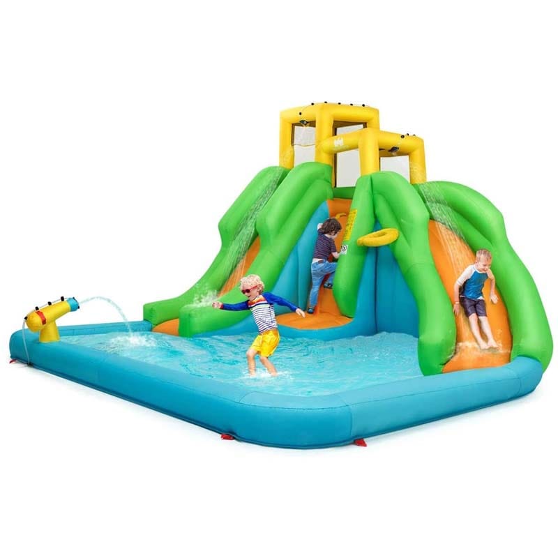 6-in-1 Giant Inflatable Water Slide Bounce House with 2 Slides, Splash Pool, Climbing Wall & Water Cannon, Blow up Water Park for Kids Backyard Fun