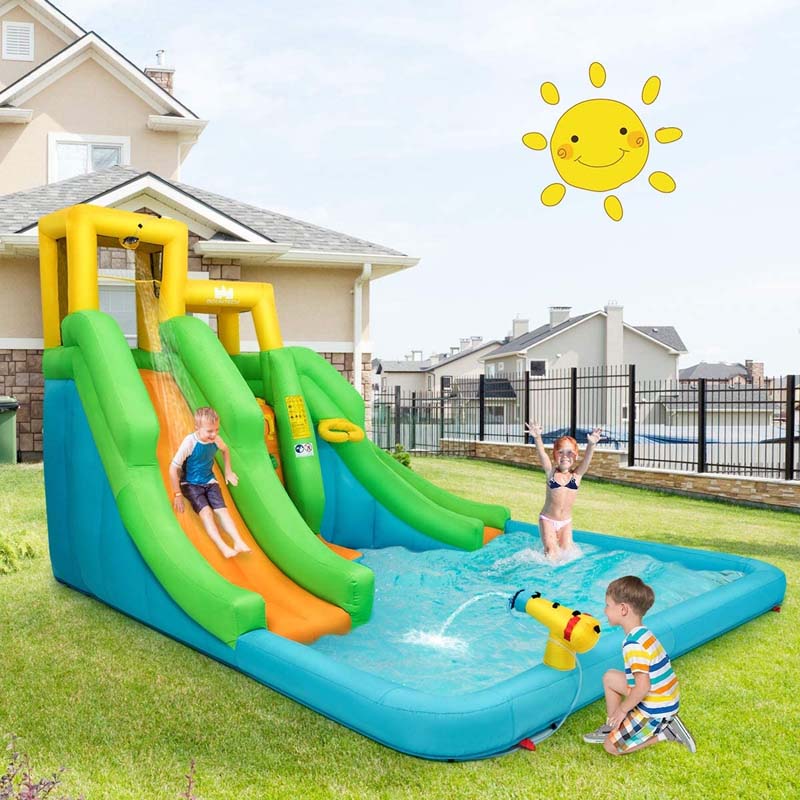 6-in-1 Giant Inflatable Water Slide Bounce House with 2 Slides, Splash Pool, Climbing Wall & Water Cannon, Blow up Water Park for Kids Backyard Fun