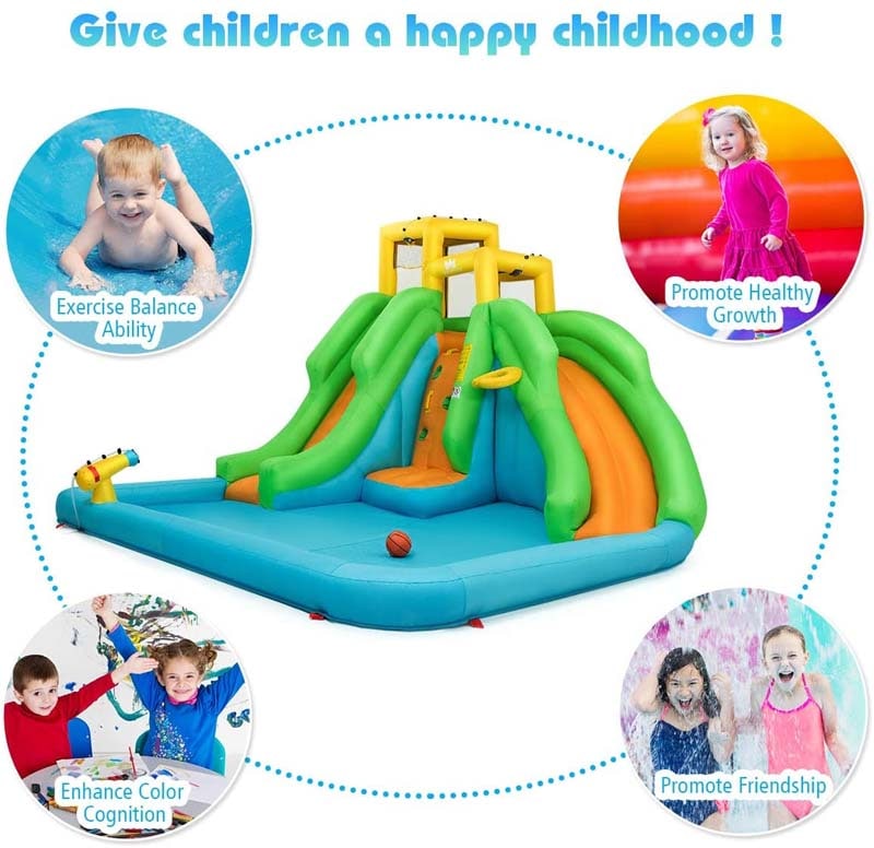 6-in-1 Giant Inflatable Water Slide Bounce House with 2 Slides, Splash Pool, Climbing Wall & Water Cannon, Blow up Water Park for Kids Backyard Fun