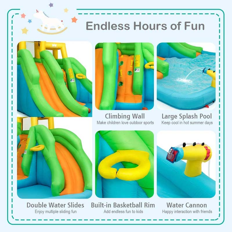 6-in-1 Giant Inflatable Water Slide Bounce House with 2 Slides, Splash Pool, Climbing Wall & Water Cannon, Blow up Water Park for Kids Backyard Fun