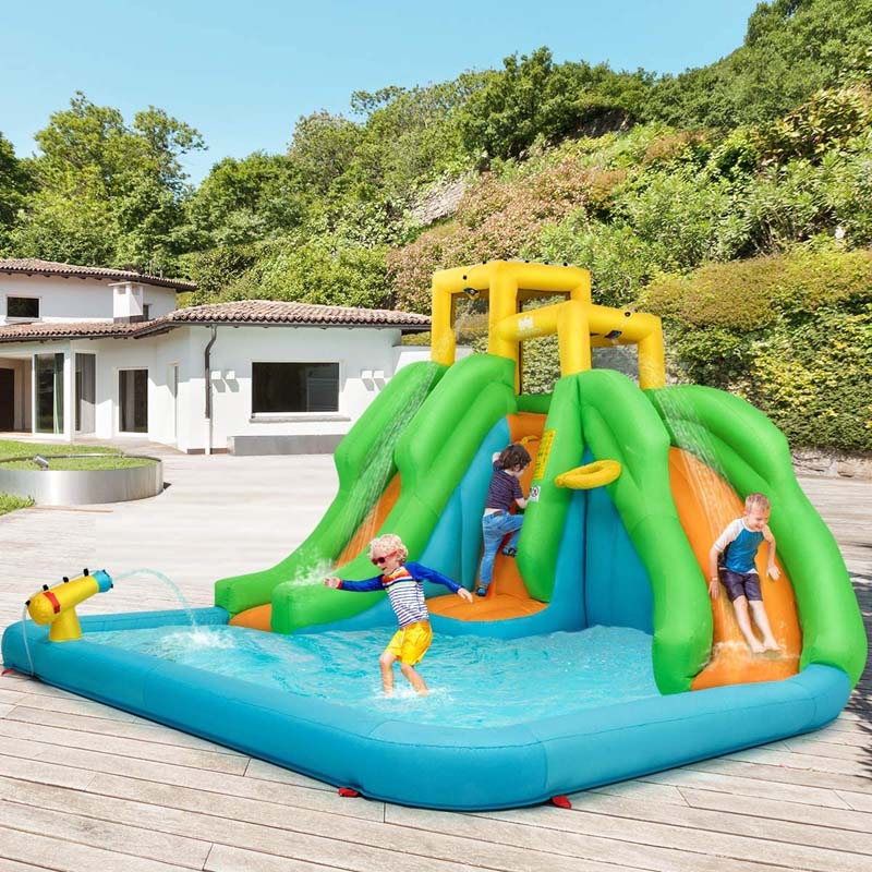 6-in-1 Dual Water Slide Kids Inflatable Bounce House Giant Water Park with Climbing Wall, Splash Pool, Water Cannon