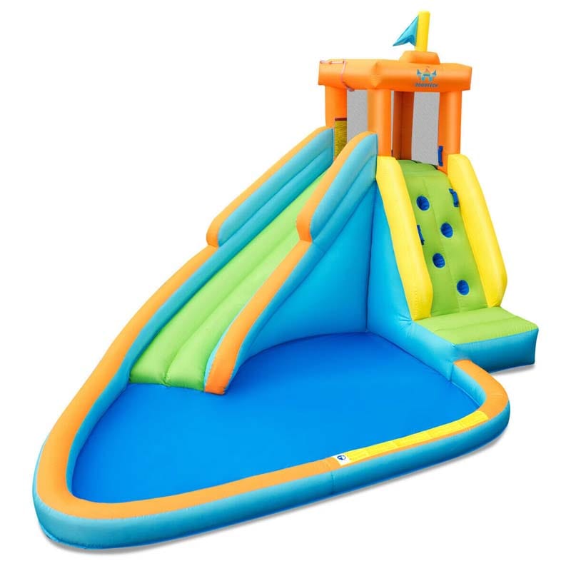 Inflatable Water Slide, Giant Blow Up Bounce House Splash Water Park with Long Slide, Climbing Wall & 740W Air Blower for Kids Backyard Fun