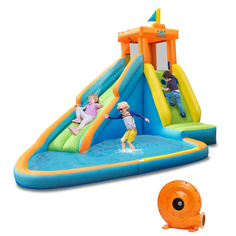 Inflatable Water Slide, Giant Blow Up Bounce House Splash Water Park with Long Slide, Climbing Wall & 740W Air Blower for Kids Backyard Fun