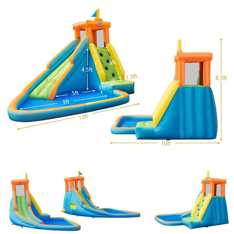 Inflatable Water Slide, Giant Blow Up Bounce House Splash Water Park with Long Slide, Climbing Wall & 740W Air Blower for Kids Backyard Fun