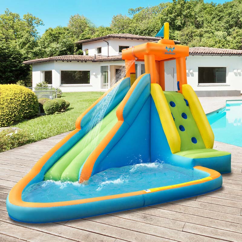 Inflatable Water Slide, Giant Blow Up Bounce House Splash Water Park with Long Slide, Climbing Wall & 740W Air Blower for Kids Backyard Fun