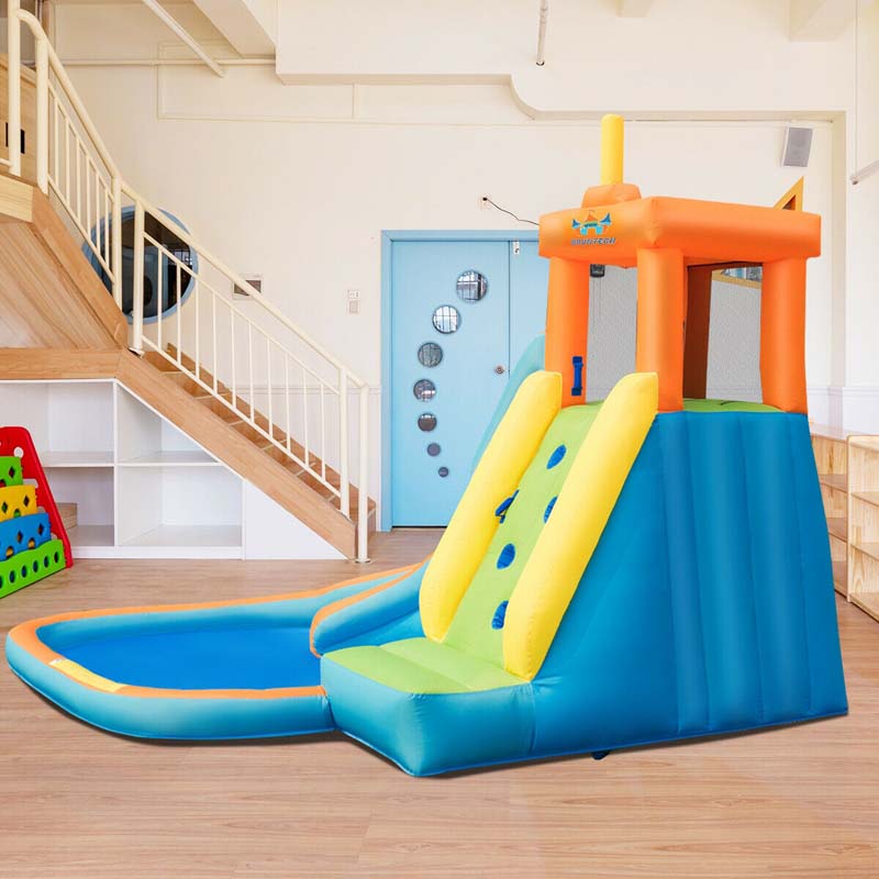 Inflatable Water Slide, Giant Blow Up Bounce House Splash Water Park with Long Slide, Climbing Wall & 740W Air Blower for Kids Backyard Fun