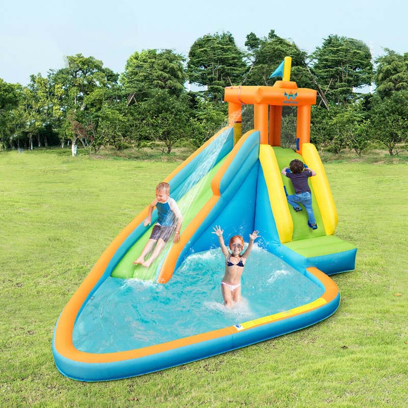 Inflatable Water Slide, Giant Blow Up Bounce House Splash Water Park with Long Slide, Climbing Wall & 740W Air Blower for Kids Backyard Fun