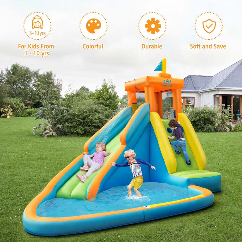 Inflatable Water Slide, Giant Blow Up Bounce House Splash Water Park with Long Slide, Climbing Wall & 740W Air Blower for Kids Backyard Fun