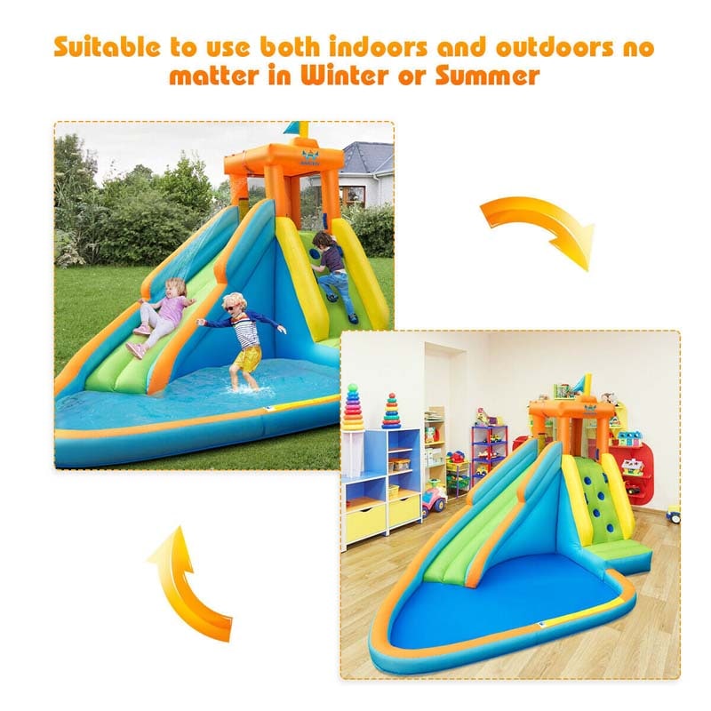 Inflatable Water Slide, Giant Blow Up Bounce House Splash Water Park with Long Slide, Climbing Wall & 740W Air Blower for Kids Backyard Fun