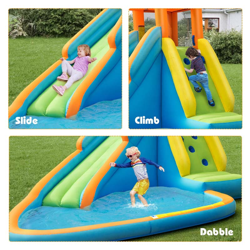 Inflatable Water Slide, Giant Blow Up Bounce House Splash Water Park with Long Slide, Climbing Wall & 740W Air Blower for Kids Backyard Fun