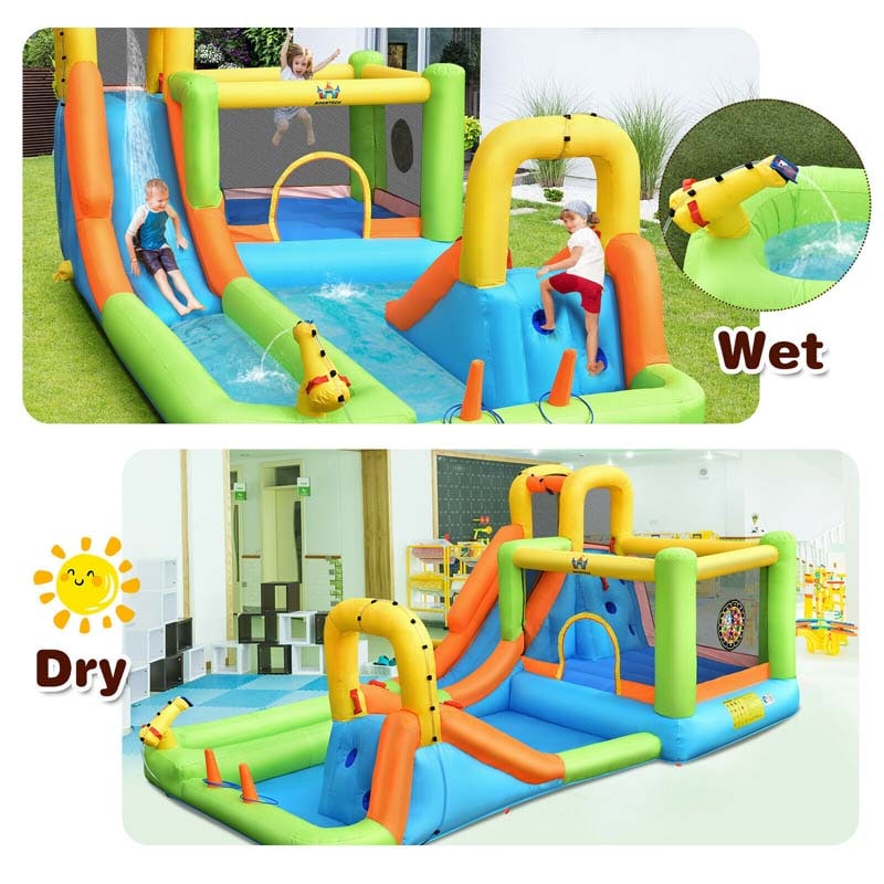 8-in-1 Inflatable Water Slide, Kids Dual Slide Bounce House Water Park with Splash Pool, Trampoline, Climbing Wall & 735W Blower for Backyard Fun