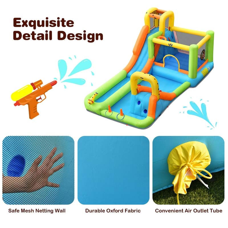 8-in-1 Inflatable Water Slide, Kids Dual Slide Bounce House Water Park with Splash Pool, Trampoline, Climbing Wall & 735W Blower for Backyard Fun