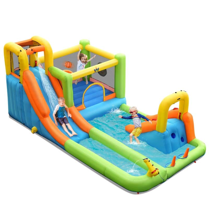 8-in-1 Inflatable Water Slide, Kids Dual Slide Bounce House Water Park with Splash Pool, Trampoline, Climbing Wall & 735W Blower for Backyard Fun