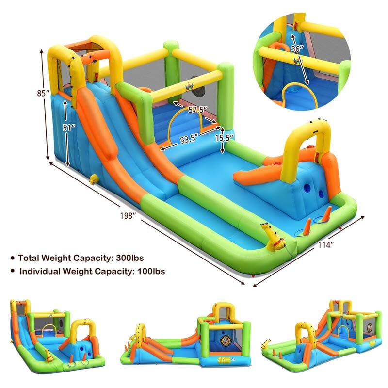8-in-1 Inflatable Water Slide, Kids Dual Slide Bounce House Water Park with Splash Pool, Trampoline, Climbing Wall & 735W Blower for Backyard Fun