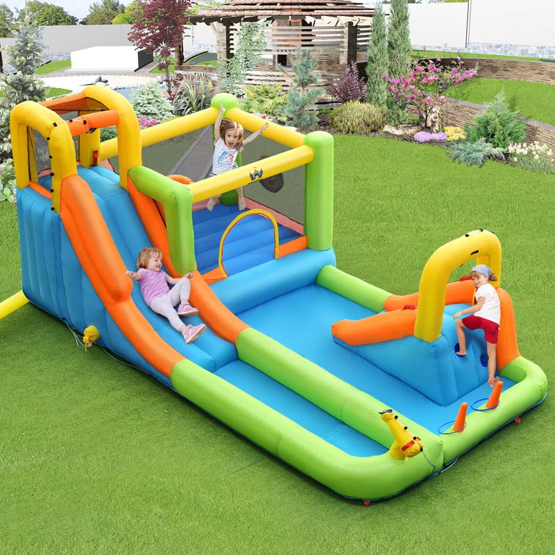 8-in-1 Inflatable Water Slide, Kids Dual Slide Bounce House Water Park with Splash Pool, Trampoline, Climbing Wall & 735W Blower for Backyard Fun