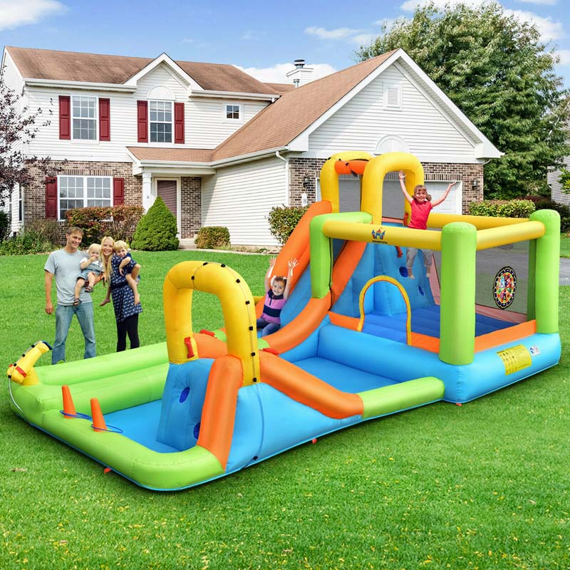 8-in-1 Inflatable Water Slide, Kids Dual Slide Bounce House Water Park with Splash Pool, Trampoline, Climbing Wall & 735W Blower for Backyard Fun