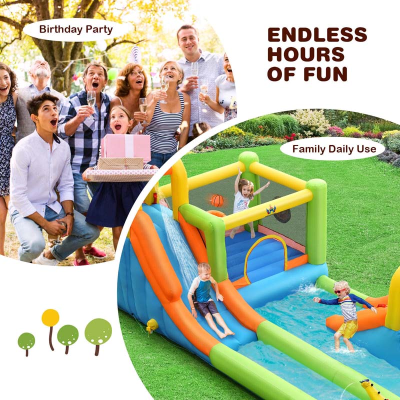 8-in-1 Inflatable Water Slide, Kids Dual Slide Bounce House Water Park with Splash Pool, Trampoline, Climbing Wall & 735W Blower for Backyard Fun