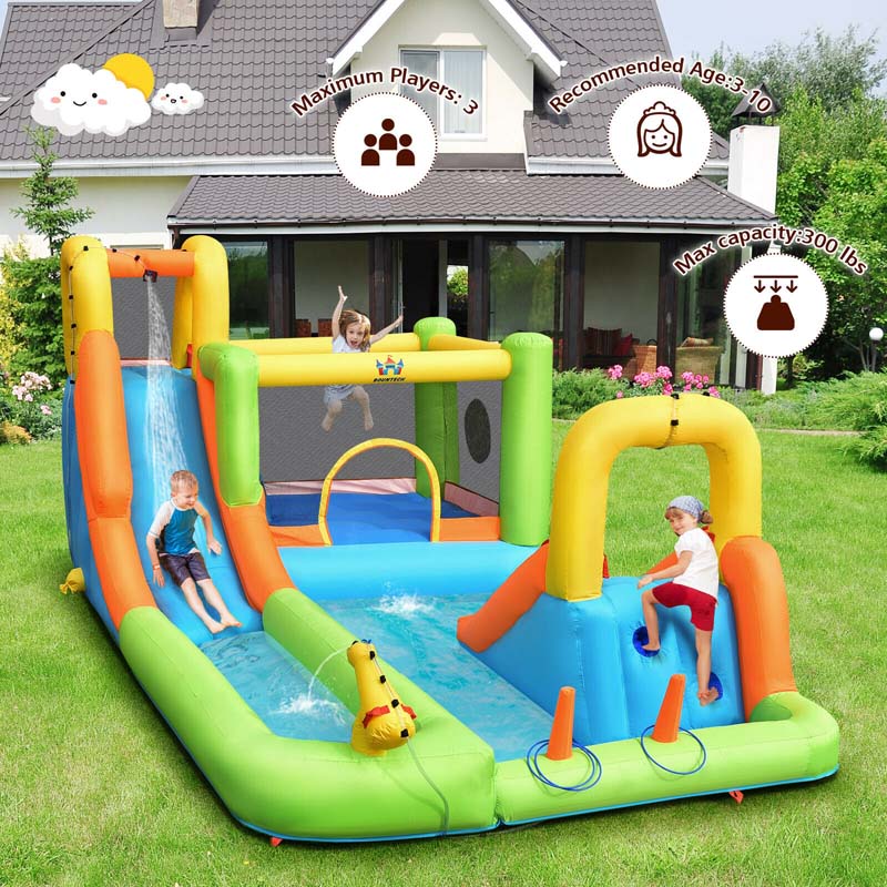 8-in-1 Inflatable Water Slide, Kids Dual Slide Bounce House Water Park with Splash Pool, Trampoline, Climbing Wall & 735W Blower for Backyard Fun