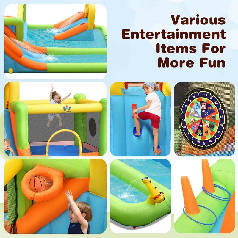 8-in-1 Inflatable Water Slide, Kids Dual Slide Bounce House Water Park with Splash Pool, Trampoline, Climbing Wall & 735W Blower for Backyard Fun