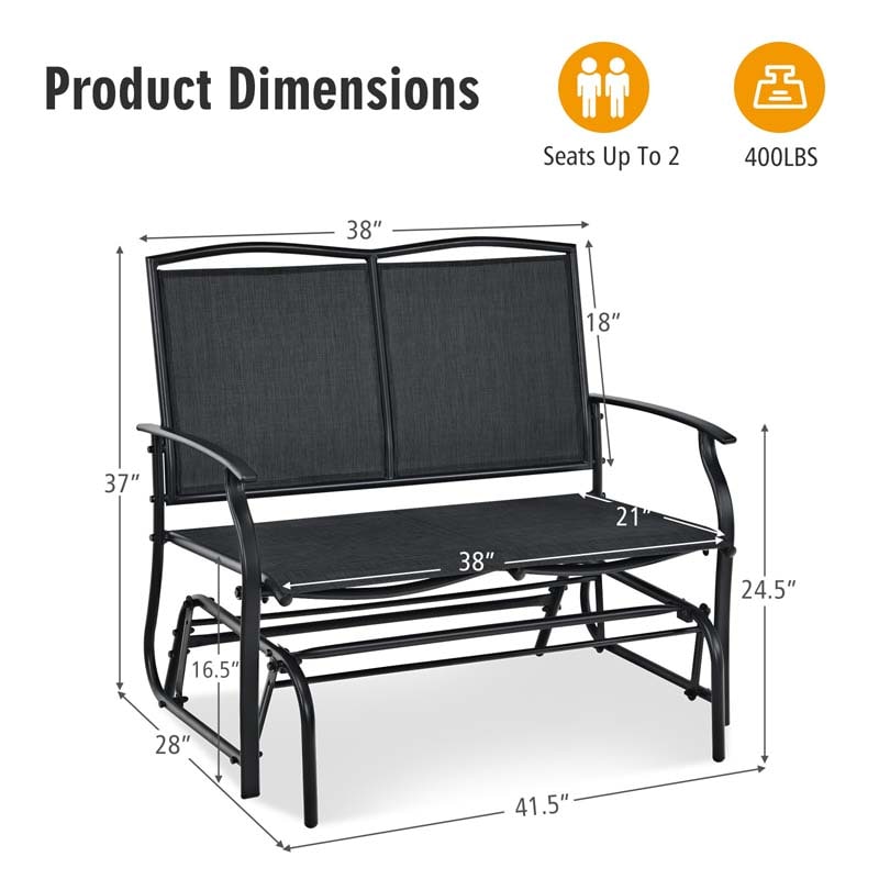 2-Person Outdoor Swing Glider Bench, Steel Frame Patio Double Rocking Loveseat Chair 400LB Capacity w/ Fabric Seat for Porch Backyard Poolside