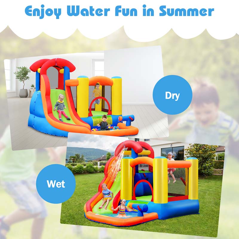 6-in-1 Kids Water Slide Bouncy Castle Inflatable Water Bounce House with Trampoline, 740W Air Blower