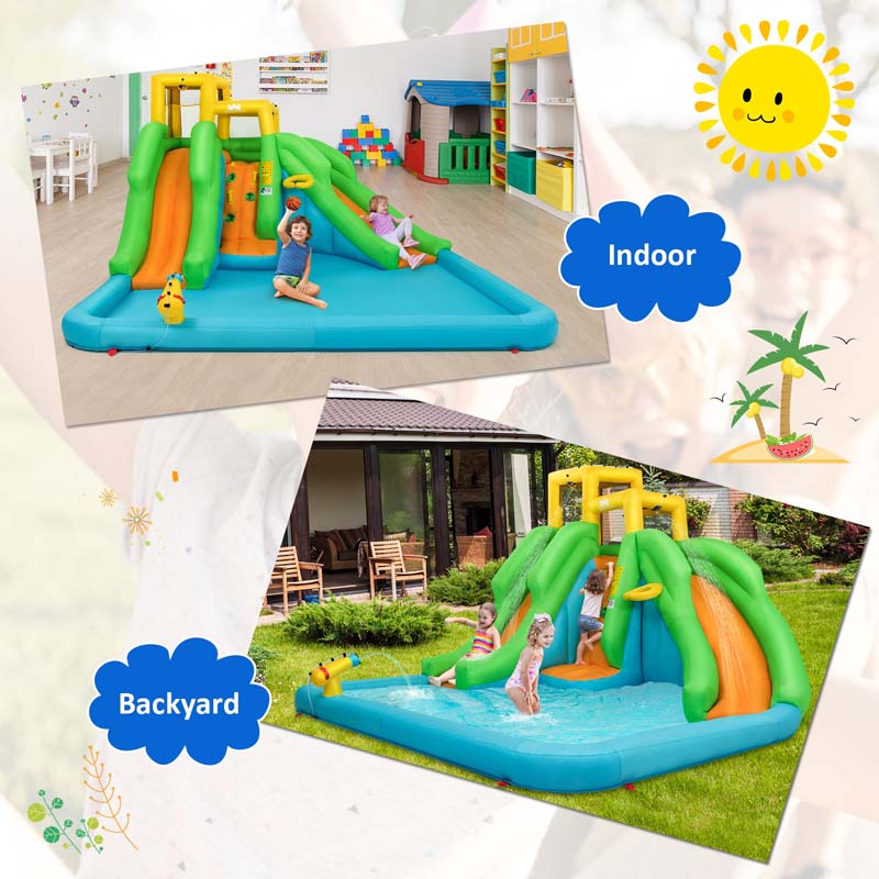 6-in-1 Inflatable Water Slide with 480W Blower, Kids Dual Slide Bounce House Water Park with Splash Pool & Climbing Wall for Backyard Party Gifts