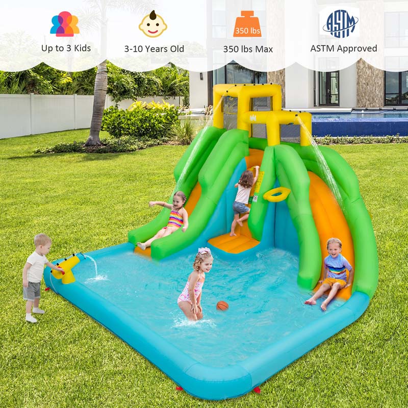 6-in-1 Inflatable Water Slide with 480W Blower, Kids Dual Slide Bounce House Water Park with Splash Pool & Climbing Wall for Backyard Party Gifts