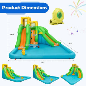 6-in-1 Kids Inflatable Bounce House Dual Slides Water Park with Climbing Wall, Splash Pool, Water Cannon, Air Blower