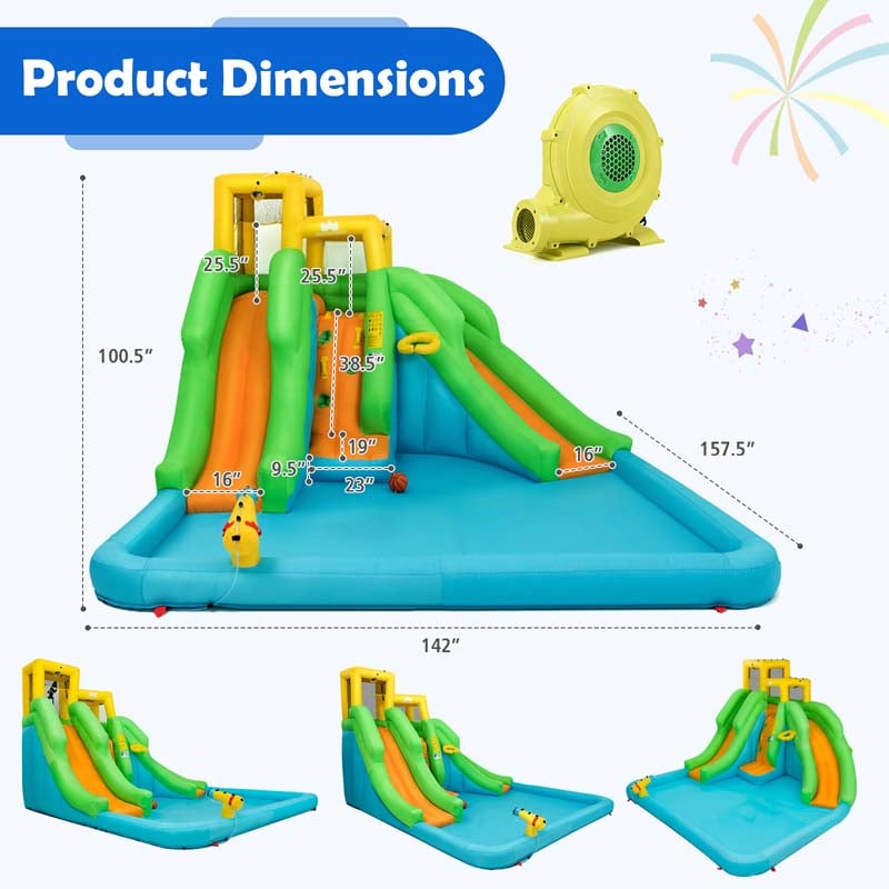 6-in-1 Inflatable Water Slide with 480W Blower, Kids Dual Slide Bounce House Water Park with Splash Pool & Climbing Wall for Backyard Party Gifts