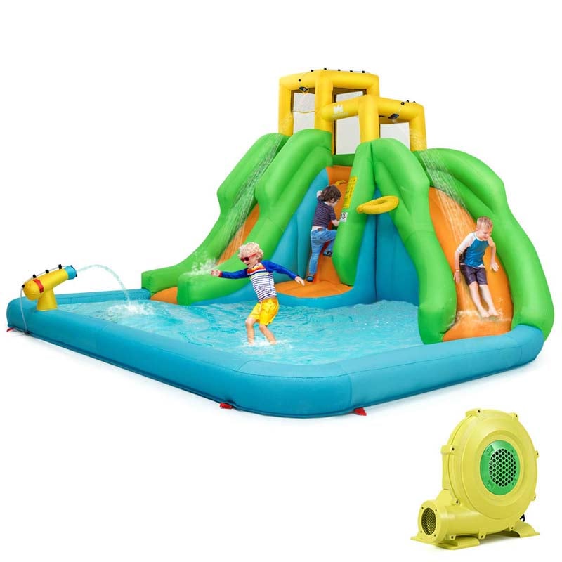 6-in-1 Inflatable Water Slide with 480W Blower, Kids Dual Slide Bounce House Water Park with Splash Pool & Climbing Wall for Backyard Party Gifts