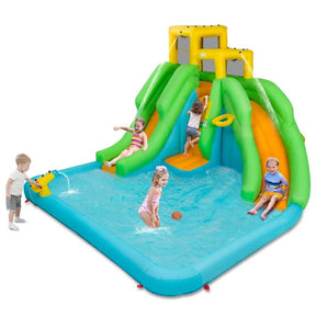 6-in-1 Kids Inflatable Bounce House Dual Slides Water Park with Climbing Wall, Splash Pool, Water Cannon, Air Blower