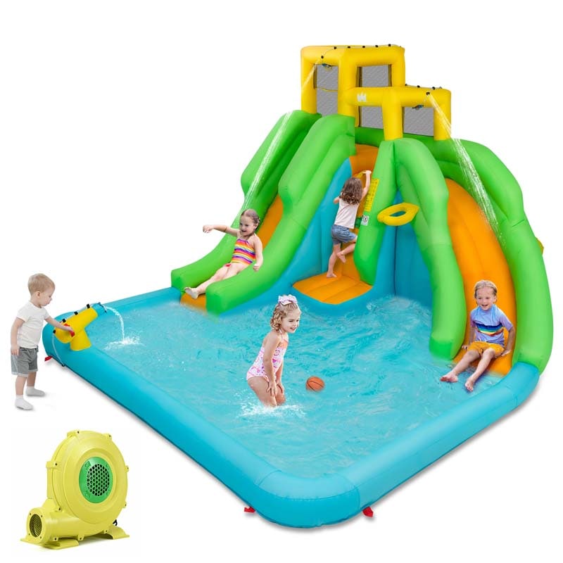 6-in-1 Inflatable Water Slide with 480W Blower, Kids Dual Slide Bounce House Water Park with Splash Pool & Climbing Wall for Backyard Party Gifts