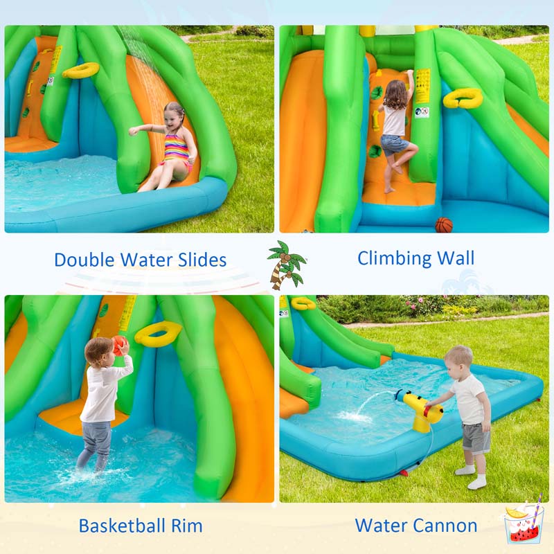 6-in-1 Inflatable Water Slide with 480W Blower, Kids Dual Slide Bounce House Water Park with Splash Pool & Climbing Wall for Backyard Party Gifts