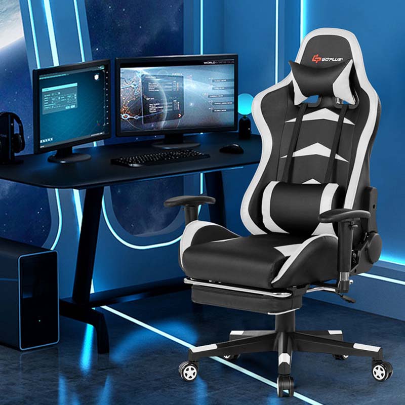 PU Leather Massage Gaming Chair with Footrest, Height Adjustable High Back Ergonomic Gamer Racing Recliner, Swivel PC Game Chair Office Chair