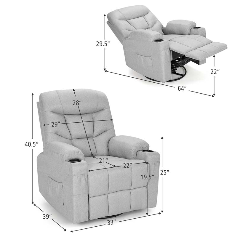 360° Swivel Electric Massage Recliner Rocking Chair Single Soft Sofa with Heater & Retractable Footrest