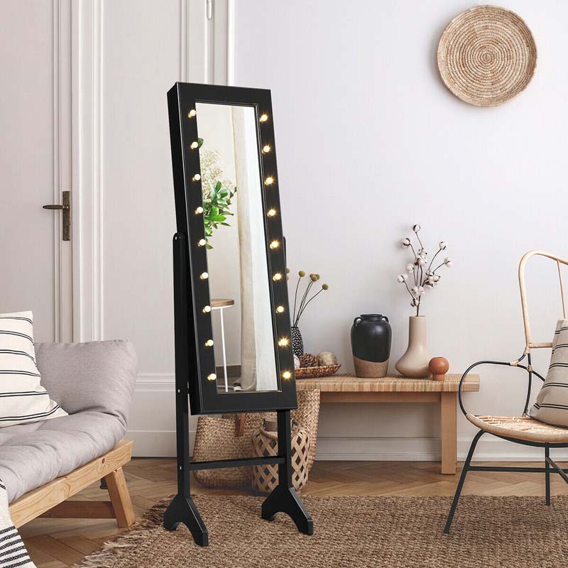 18 LED Standing Jewelry Armoire with Full Length Mirror & 16 Lipstick Holders, Large Jewelry Cabinet Organizer Inside Makeup Mirror for Bedroom