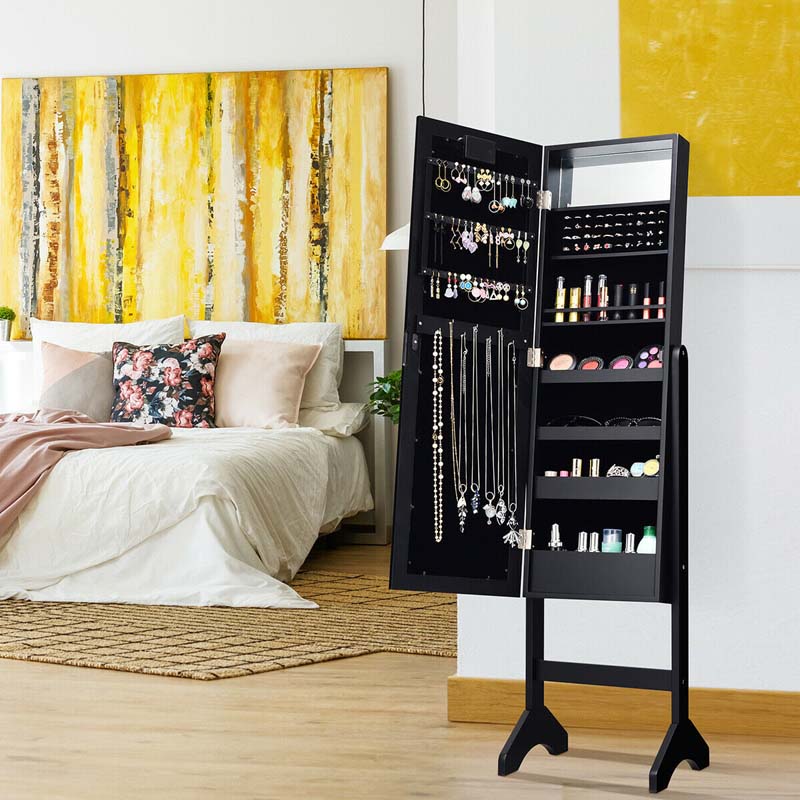 18 LED Standing Jewelry Armoire with Full Length Mirror & 16 Lipstick Holders, Large Jewelry Cabinet Organizer Inside Makeup Mirror for Bedroom