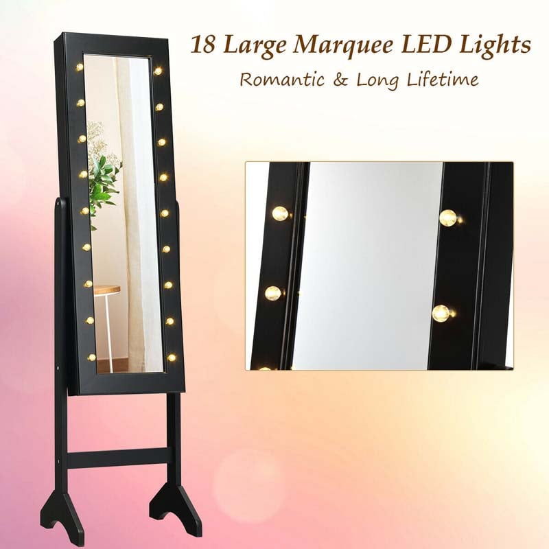 18 LED Standing Jewelry Armoire with Full Length Mirror & 16 Lipstick Holders, Large Jewelry Cabinet Organizer Inside Makeup Mirror for Bedroom