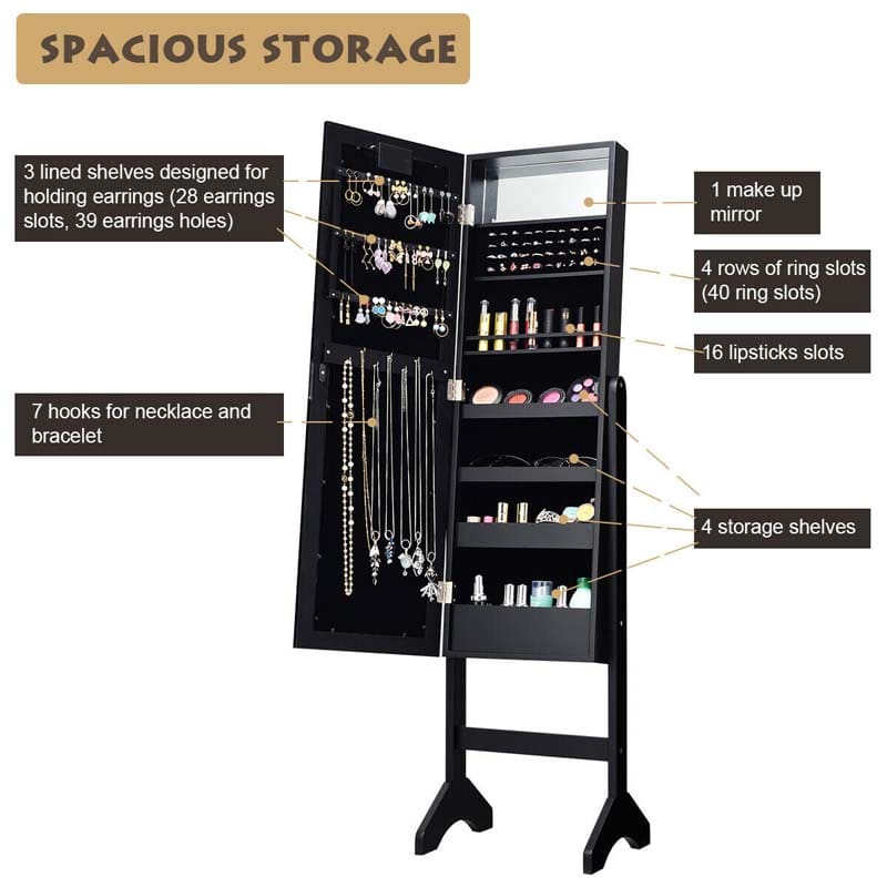 18 LED Standing Jewelry Armoire with Full Length Mirror & 16 Lipstick Holders, Large Jewelry Cabinet Organizer Inside Makeup Mirror for Bedroom